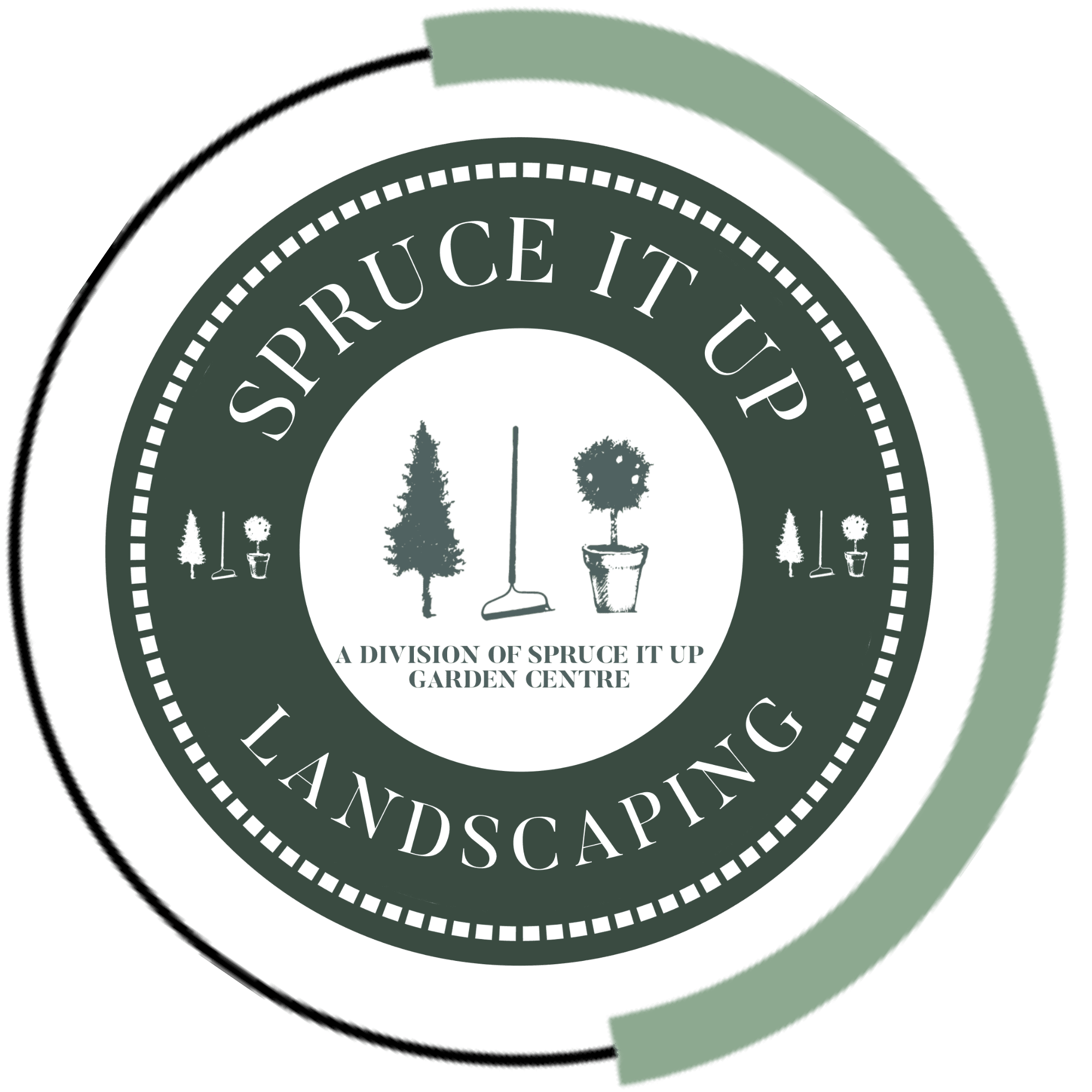 Circular green and white logo for "Spruce It Up Landscaping" featuring tree, rake, and potted plant icons, and the text "A Division of Spruce It Up Garden Centre.